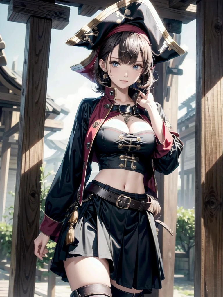 Practical pirate clothing, Long-sleeved pirate top, Skirt, boots, tearful mole, earring, Colossal tits, short medium hair, wavy hair,
