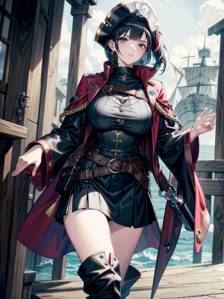 Practical pirate clothing, Long-sleeved pirate top, Skirt, boots, tearful mole, earring, Colossal tits, short medium hair, wavy hair,