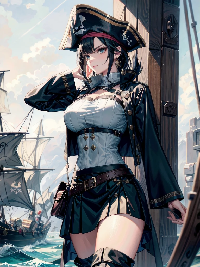 Practical pirate clothing, Long-sleeved pirate top, Skirt, boots, tearful mole, earring, Colossal tits, short medium hair, wavy hair,