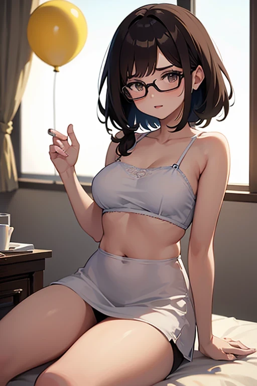 1 chica, short brown hair, cabello alborotado, pechos medianos, 20 years, sexy, con lentes