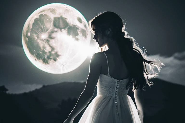best quality, 8k, high resolution, ultra-detailed, extremely detailed, top quality, realistic, 1girl, solo, long hair, dress, standing, monochrome, braid, from behind, white dress, moon, scenery, full moon, planet