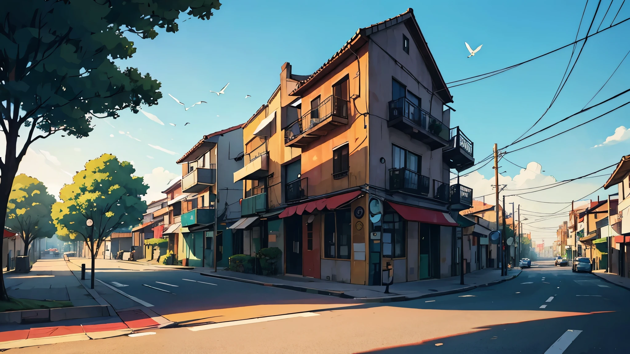 cena de rua larga estilo anime com pessoas em segundo plano andando de bicicleta, carregando sacos, apenas um carro passando, tree in the wind, bird flying and a bright sun in the background, paisagem urbana, beautiful anime scenery, Residential area, linda cena de anime