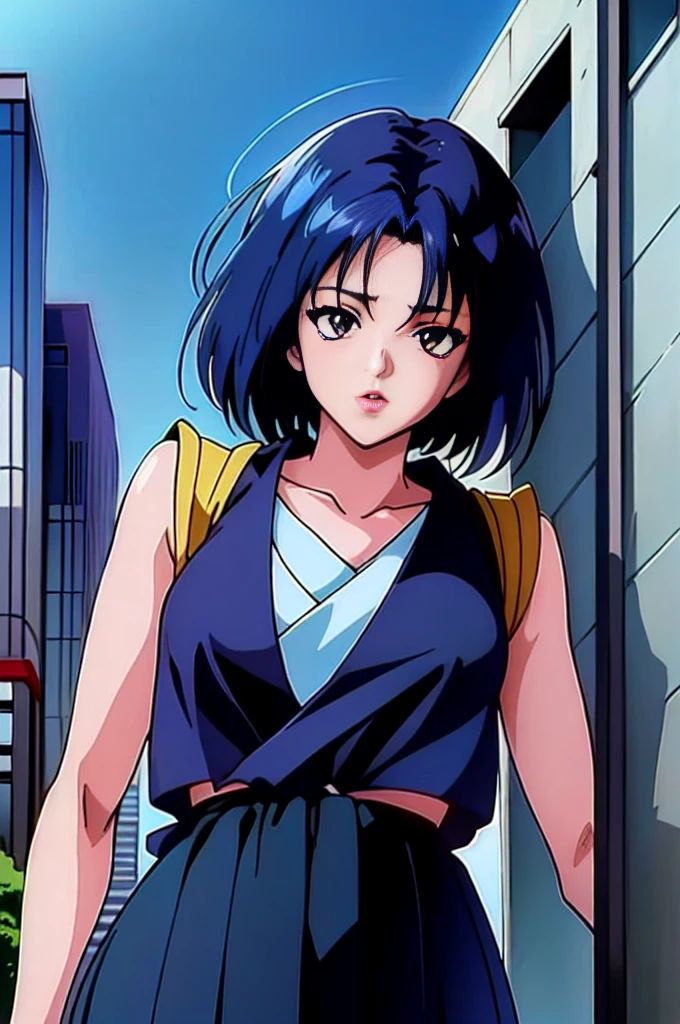 (perfect composition),anime character Sukeban delinquent girl standing on a city street corner in black seifuku with black very long skirt, anime style. 8k, anime style mixed with fujifilm, retro anime girl, anime styled digital art, in tokyo, anime style illustration, anime style 4 k, anime style artwork, anime poster film still portrait, tokyo anime scene, modern anime style, anime style digital art, short hair, 26year old, red converse,