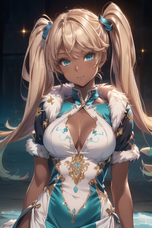 Iooiklas,Blonde Hair,Twin tails, hair ornaments, White Dress, Black knee socks, 
Removable sleeves,Complex eyes,Beautiful fine details,Symmetrical eyes,Big eyes:1.5,
(((dark skin,dark_skin,lustrous skin:1.5,bright skin: 1.5,
skin tanned,shiny skin,very shiny skin,Shiny body,plastic glitter 
skin,exaggerated shiny skin,illuminated skin))),
(,Detailed body,(Detailed face)), cute,Lewd,erotic,Bold,
Revealing clothing,show skin,(((Sexy aqua fur coat, Aqua fur coat outfit,
 wearing a Ice Dress:1.3,aqua 冬 coat))), ((Ice Dress,elegant Ice Dress)),
(White gloves,White clothes,(((Complex outfit,Complicated clothes,Embroidered costume,Glamorous costumes,Embroidered clothes,
Glamorous clothing))),skinsuit, Bodysuits, pantyhose,
High resolution,Sharp focus,(Super detailed,Very detailed),(Very detailed CG unity 8k wallpaper),
(((Vibrant colors))),

smile, Seductive eyes, Sitting,
