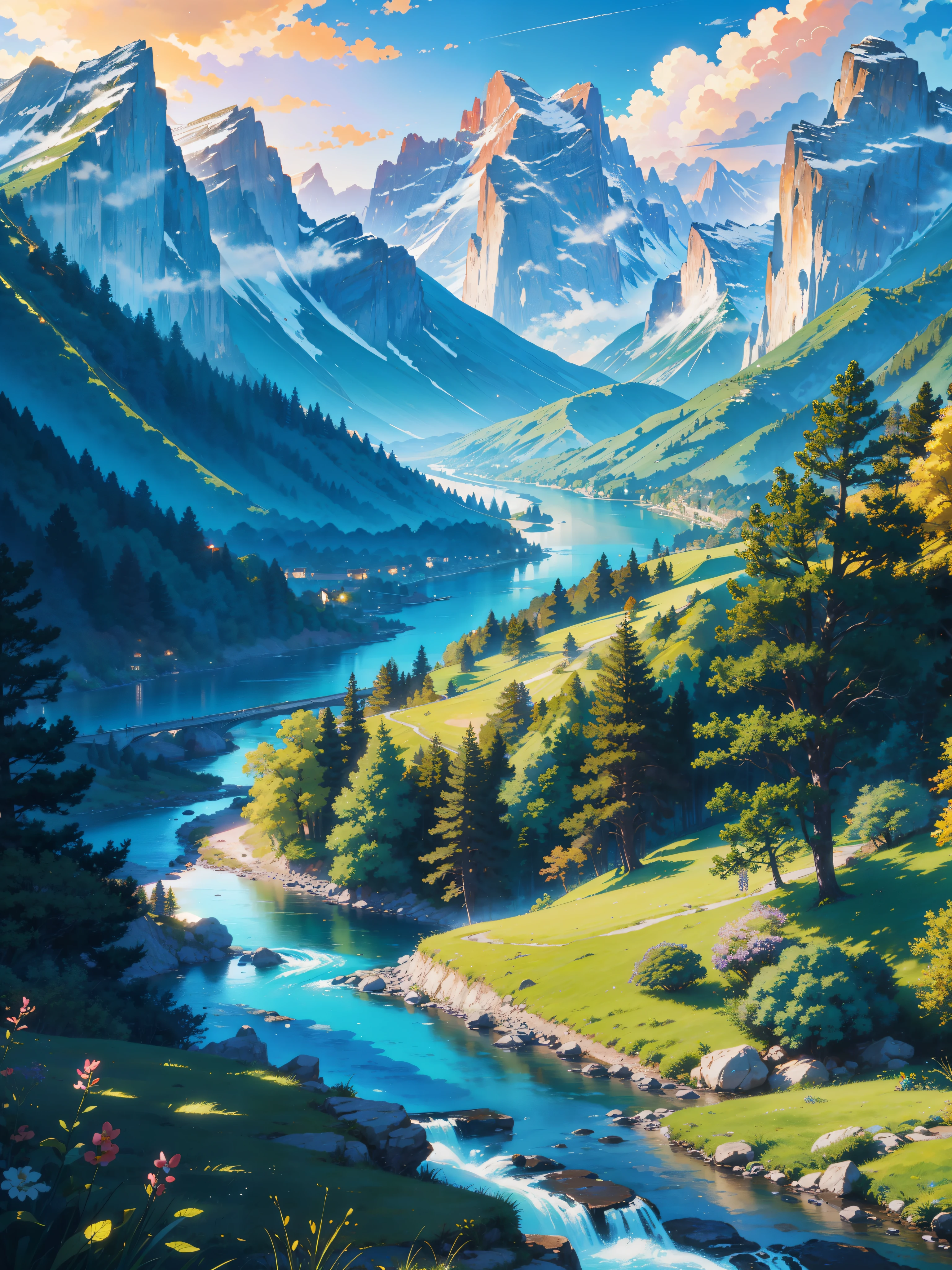 (best illumination, best shadow), scenic anime landscape, beautiful nature scenery, breathtaking view, majestic mountains, lush greenery, flowing streams and rivers, colorful flora and fauna, peaceful atmosphere, magical sunset.