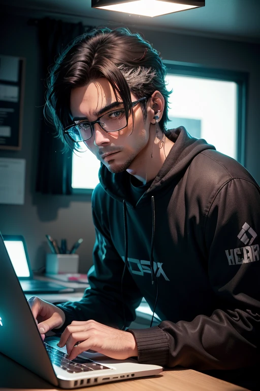 um homem em uma sala cyberpunk trabalhando em Laptop, Fotografia 8k, 50mm f/1.8 lentes, luz natural, nigth hora, alto contraste, studio illumination, nigthlight entrando. fotografia profissional, quarto escuro, neon vermelho de uma casa, mesa do computador, Redfones, home office, um homem vestindo um moletom preto com capuz, Usando fones de ouvido
