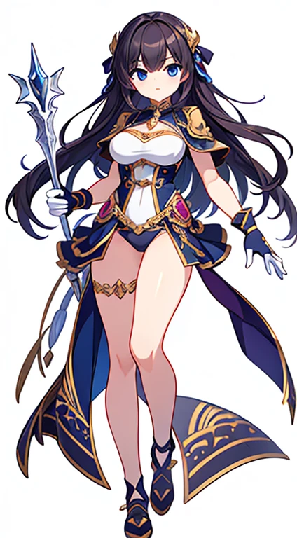 (((Best Quality))) , ((full body)), female, reference sheet, solo, (white background), holding staff, gloves, loin cloth , Knights of the Zodiac girl outfits,