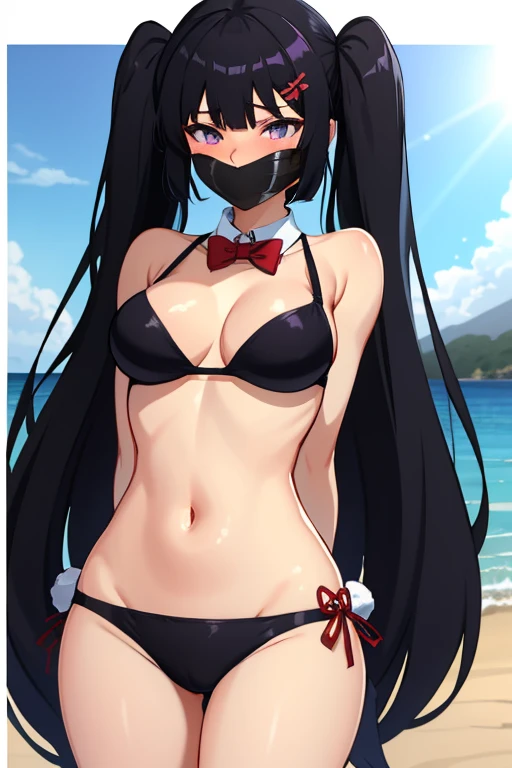 2 girls, Long black hair, Long twintails, hochgesteckte schwarze haare, improvisierter Knebel, Klebebandknebel, GEKNEBELT, Klebeband, festgebunden, Arms behind the back, gefesselte Arme, black Bikini, blushing, Tape gag, Standing, beach in the background, mai sakurajima, long hair, bangs, (black hair:1.5), hair ornament, (purple eyes:1.1), hairclip, rabbit hair ornament