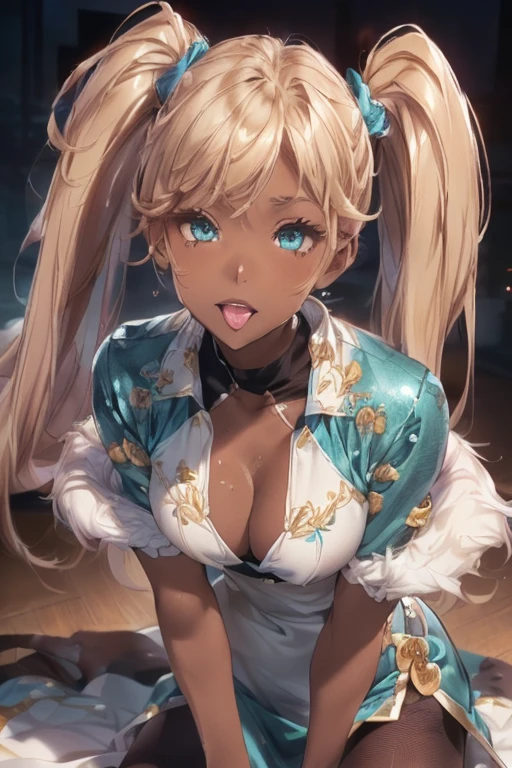 Iooiklas,Blonde Hair,Twin tails, hair ornaments, White Dress, Black knee socks,
Removable sleeves,Complex eyes,Beautiful fine details,Symmetrical eyes,Big eyes:1.5,
(((dark skin,dark_skin,lustrous skin:1.5,bright skin: 1.5,
skin tanned,shiny skin,very shiny skin,Shiny body,plastic glitter
skin,exaggerated shiny skin,illuminated skin))),
(,Detailed body,(Detailed face)), cute,Lewd,erotic,Bold,
Revealing clothing,show skin,(((Sexy aqua fur coat, Aqua fur coat outfit,
wearing a Ice Dress:1.3,aqua 冬 coat))), ((Ice Dress,elegant Ice Dress)),
(White gloves,White clothes,(((Complex outfit,Complicated clothes,Embroidered costume,Glamorous costumes,Embroidered clothes,
Glamorous clothing))),skinsuit, Bodysuits, pantyhose,
High resolution,Sharp focus,(Super detailed,Very detailed),(Very detailed CG unity 8k wallpaper),
(((Vibrant colors))),
smile, Open your mouth,Sticking out tongue,Seductive eyes, Sitting,