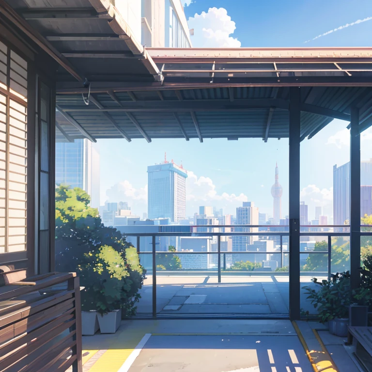 landscape, summer, sun, Tokyo, building, uninhabited, nobody, hot weather, blue sky, HD detail, ultra detail, film, hyperrealism, soft light, deep focus bokeh, ray tracing, gwise on pixiv art station, Makoto Shinkai, art germ