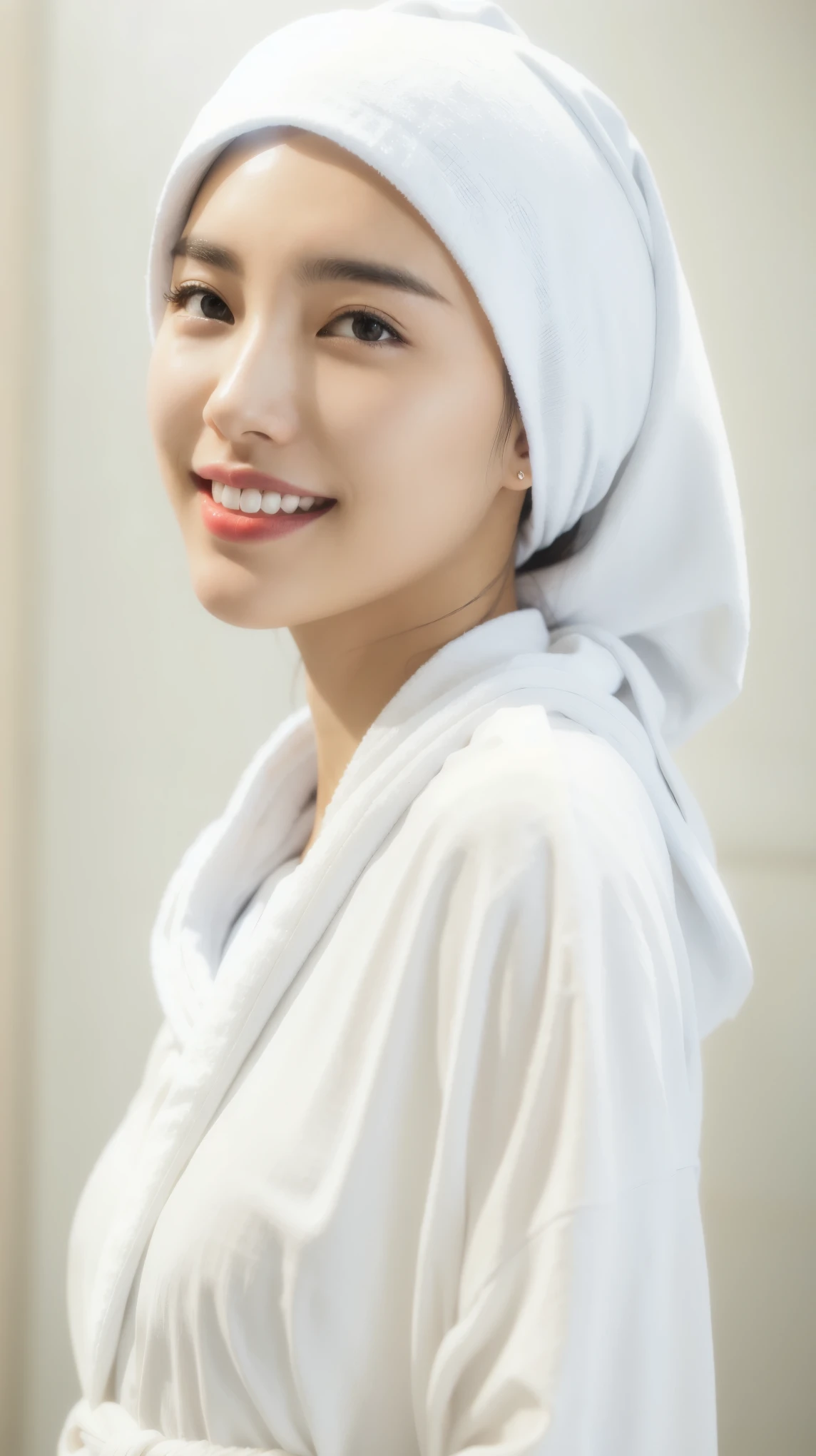 Fashion model 20 years old [[[[close up]]]], [[[[neck]]]], [[[[Shoulder]]]], Perfect eyes, Perfect iris，Perfect lips，Perfect Teeth，Perfect skin，White skin，Soft headlights，High-density imaging，（The face is clear and delicate），((White bathrobe))，((Smile))，((White headscarf))，((Just finished taking a shower))，((Background is indoor))，best quality，masterpiece，（Soft colors：1.2）