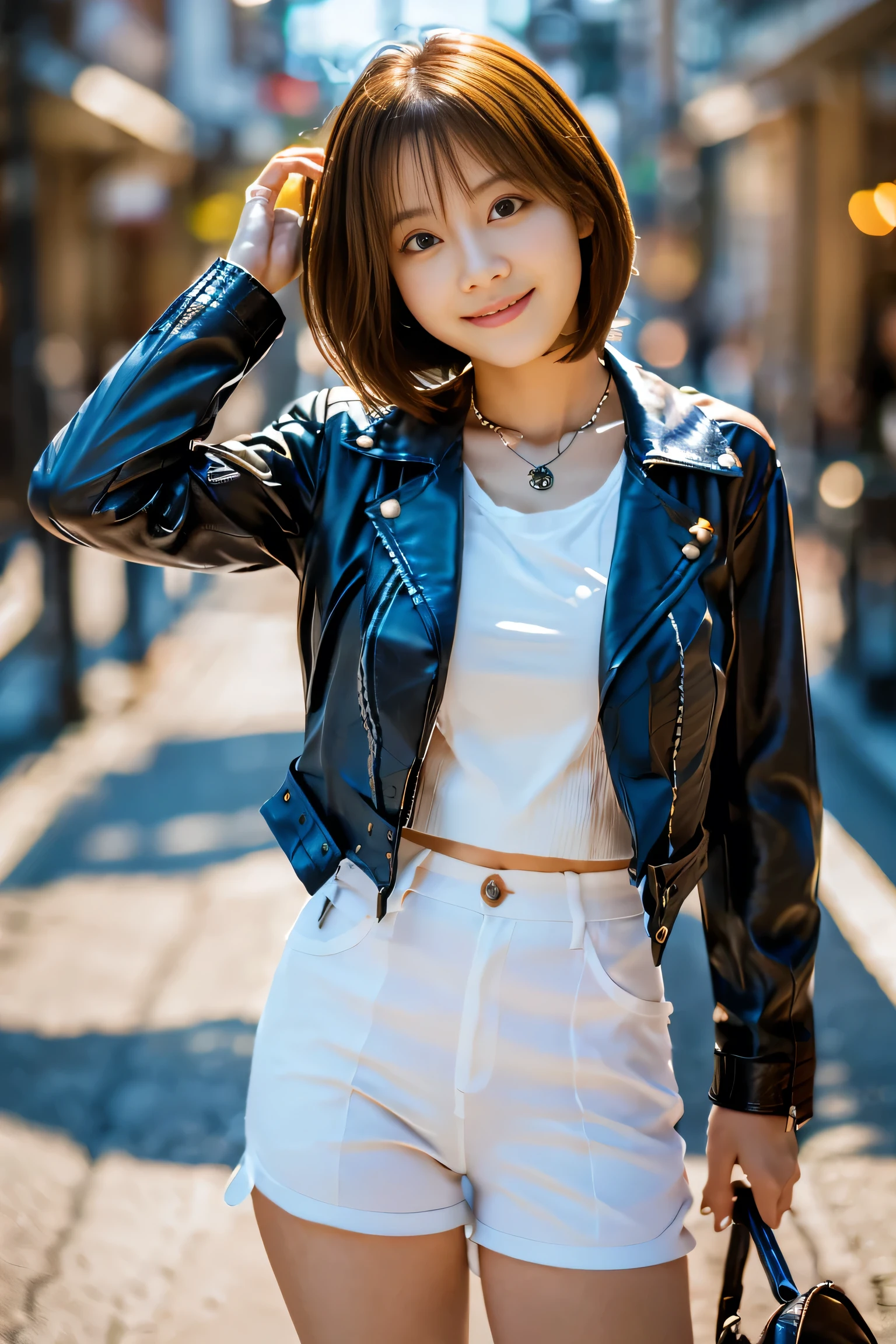 (Full body shot from head to toe:1.5),(18-year-old female),((White shorts:1.5)), (The best quality at its best:1.4), (Super detailed), (Very detailed CG unified 16k), Beautiful woman with perfect figure: 1.4, Sharp focus: 1.2, Very detailed, High-quality RAW color photos, Professional photography, Great face and eyes, Beautiful eyelashes、(Amazingly beautiful girl),((Leather jacket:1.5)), Are standing, Sexy posture，(Asakusa、tourist spot:1.3), (View from below), Realistic movie faces, Realistic, ((Natural light brown hair color, Realistic blue eyes)),( Short Bob Hair:1.5), (necklace:1.5)、Very beautiful face, Perfect model beauty, Mouth swelling, Highly detailed face and skin texture, double eyelid, Medium chest, smile, (masterpiece), highest quality, High resolution, Very detailed, Blurred Background, Cinema Lighting, Great legs, Clear, well-maintained skin,