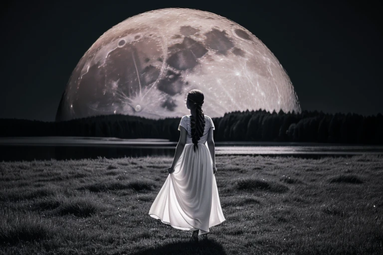 best quality, 8k, high resolution, ultra-detailed, extremely detailed, top quality, realistic, 1girl, solo, long hair, dress, standing, monochrome, braid, from behind, white dress, moon, scenery, full moon, planet