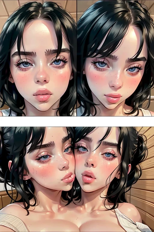 ((masterpiece)), ((best quality)), (detailed), perfect, solo, two-headed billieeilish, a woman, gorgeous woman, luscious lips, black hair, blue eyes, ((extremely detailed eyes)), eyes closing, deep cleavage, sexy, large breasts, (two heads, conjoined_dicephalus), (kissing:1.4), blushing, extremely aroused, in hot sauna ((close-up)),  falling asleep, yawning, ((focus on faces:1.3)), ((cheeks rubbing together)), comic panels 