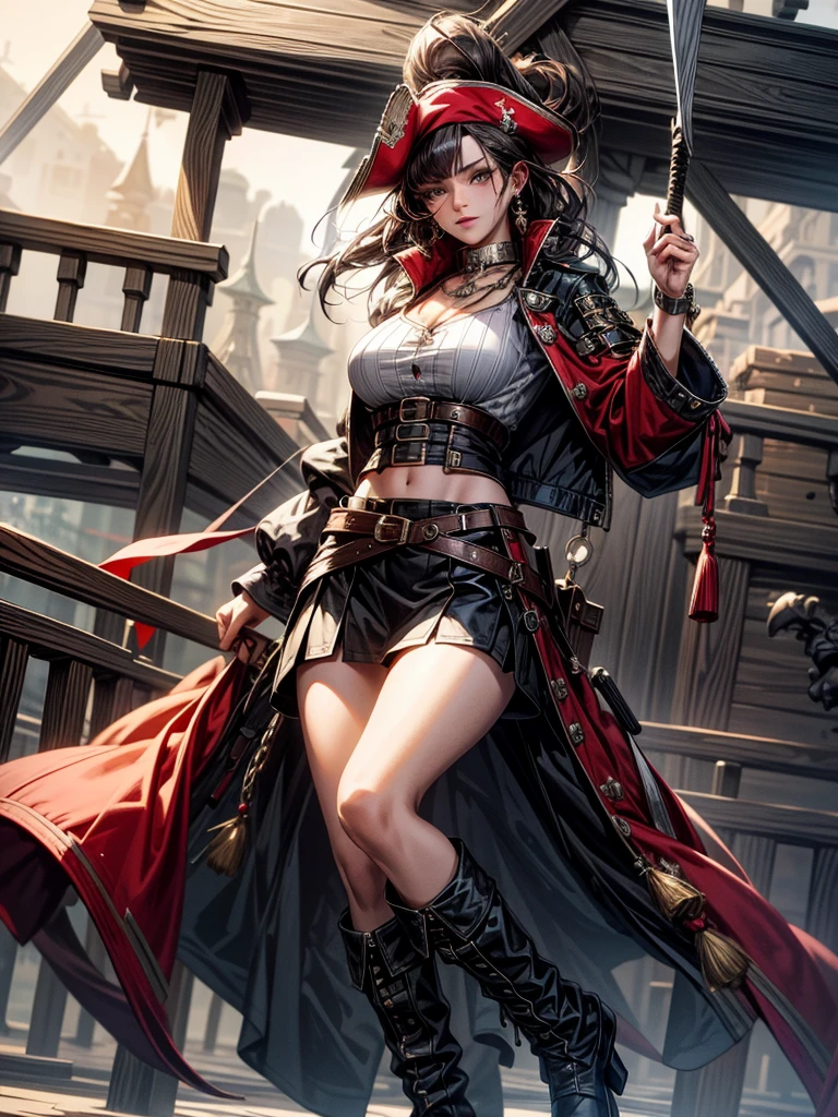 Practical pirate clothing, Long-sleeved pirate top, Skirt, boots, tearful mole, earring, Colossal tits, short medium hair, wavy hair,
