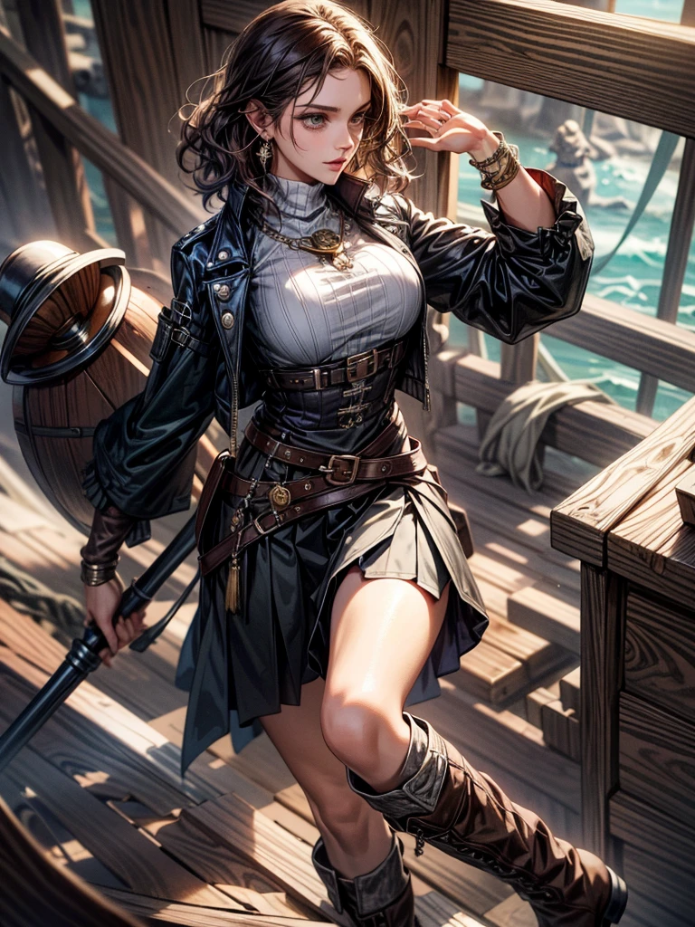 Practical pirate clothing, Long-sleeved pirate top, Skirt, boots, tearful mole, earring, Colossal tits, short medium hair, wavy hair,