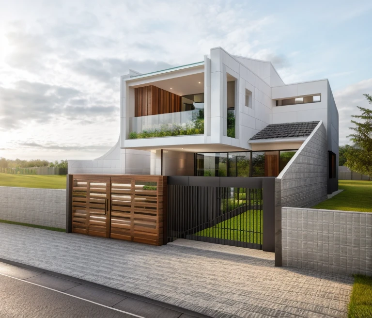 exterior house, contemporary style, white wall, wood wall, wood door, glass window, (realistic:1.2), Masterpiece, high quality, best quality, authentic, super detail, outdoors,road,pavement, grass, trees, sky, cloud, (daylight:1.1)
