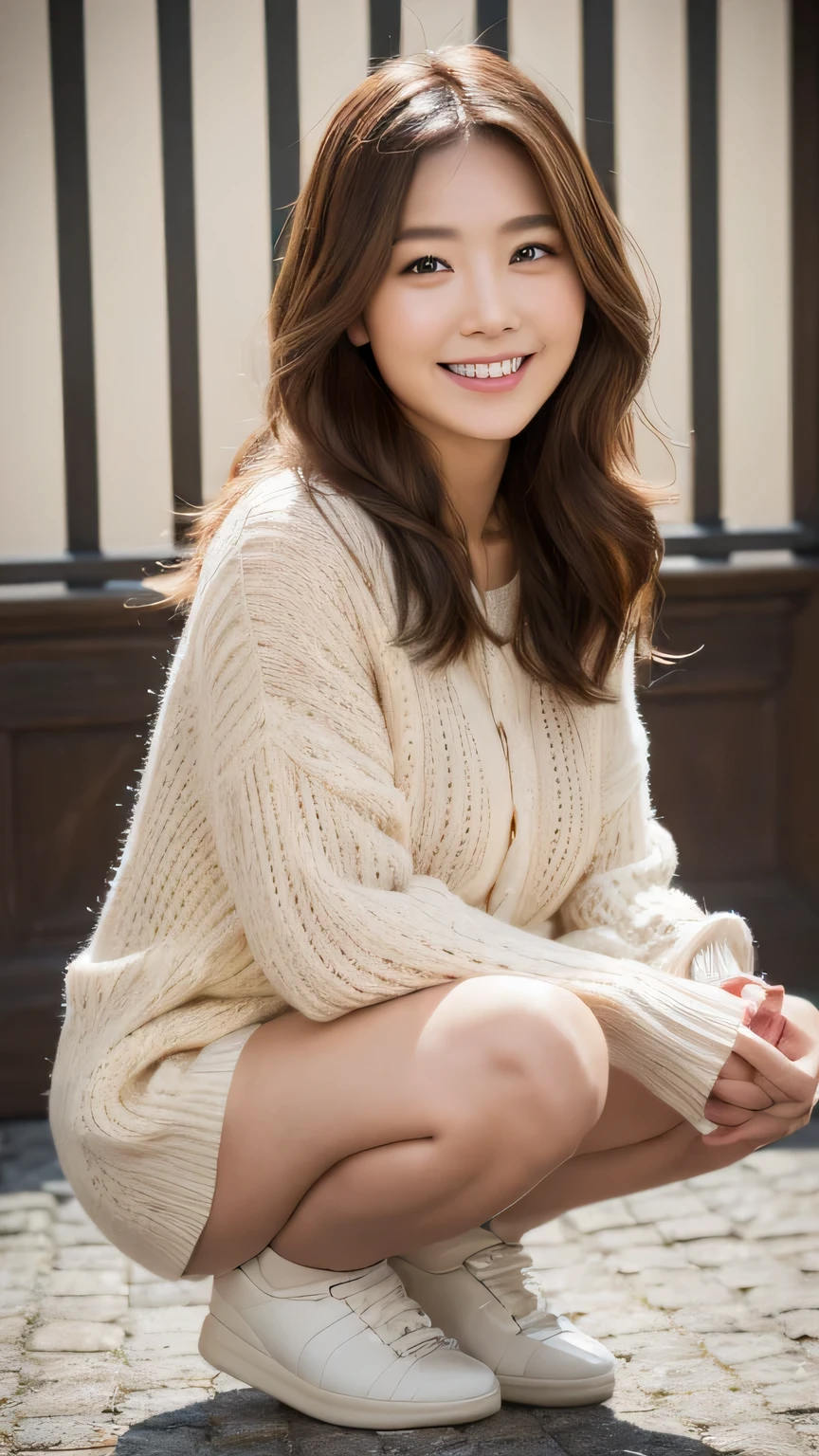 8k, highest quality, Masterpiece, Realistic, Photorealistic, Ultra-detailed, Natural light, Highly detailed face and skin, Detailed eyes, Highly detailed face and skinのショット, Beautiful woman staring at camera, Beautiful Face, Realistic Face, Detailed face, Beautiful hairstyle, Realistic eyes, Fine grain, Realistic Skin, Detailed skin, Beautiful Skin, Charm, Ultra-realistic, (((No sleeve, kind, Brown Hair, Squatting 1:4, Chubby,whole body,A kind smile,Dimples,)))