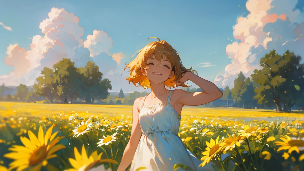 Masterpiece-grade CG, Maximum image quality and detail, Photo-level realism (1.4). (One Girl), Wearing a white dress, slightly exposed shoulders, Delicate and radiant skin, smile, in the garden, Surrounded by yellow daisies, I raised my head a little and looked up at the bright sky., The paintings employ an artistic impasto style., Softer brightness, 4K HD wallpapers, Better volumetric cloud effect.