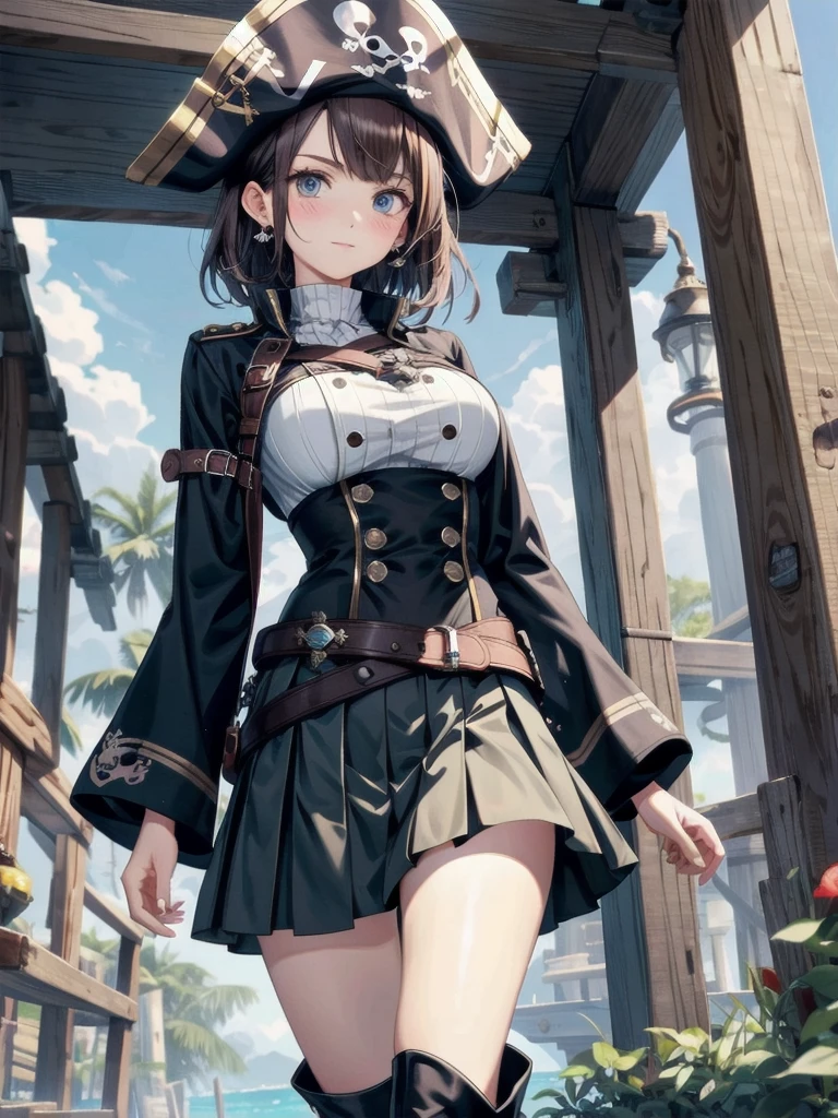 Practical pirate clothing, Long-sleeved pirate top, Skirt, boots, tearful mole, earring, Colossal tits, short medium hair, wavy hair,