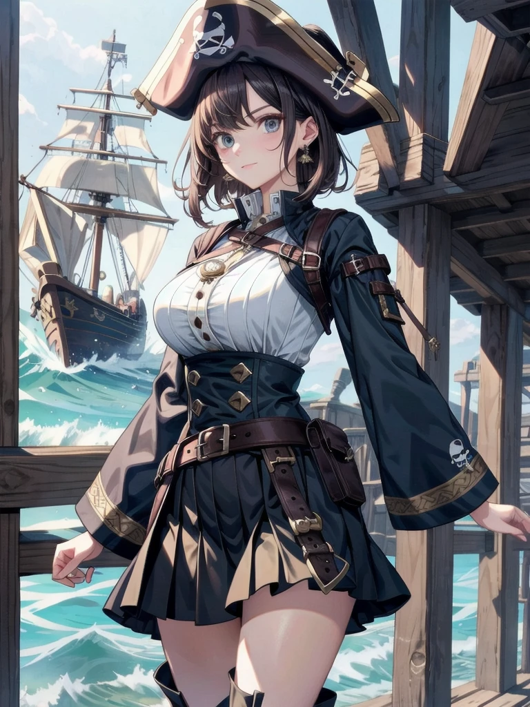 Practical pirate clothing, Long-sleeved pirate top, Skirt, boots, tearful mole, earring, Colossal tits, short medium hair, wavy hair,