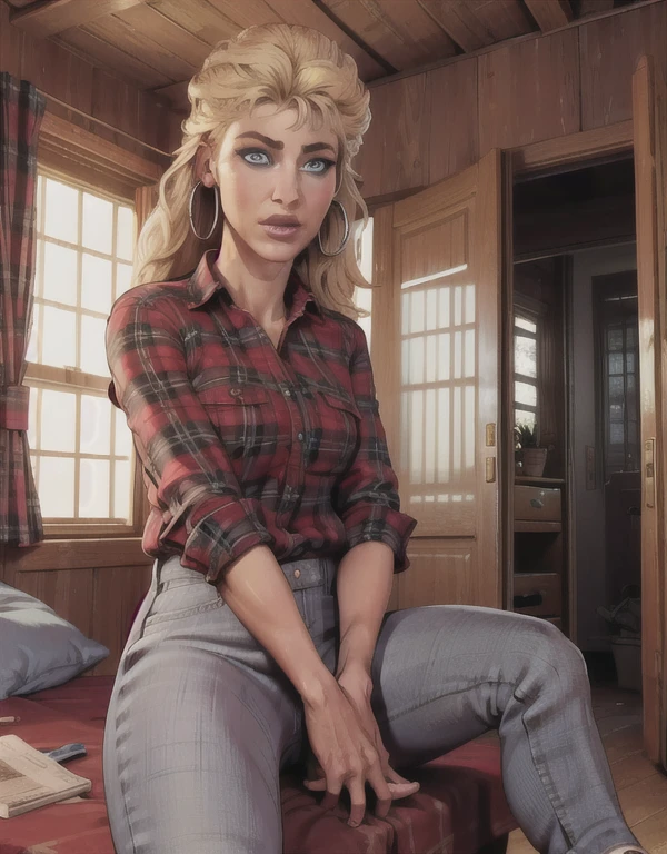 Meredith,blonde hair,blue eyes,
hoop earrings,red flannel,jeans,
sitting,
cozy home,
(insanely detailed, masterpiece, best quality),solo,