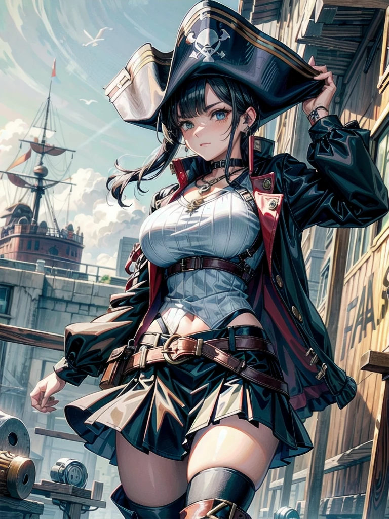 Practical pirate clothing, Long-sleeved pirate top, Skirt, boots, tearful mole, earring, Colossal tits, short medium hair, wavy hair,