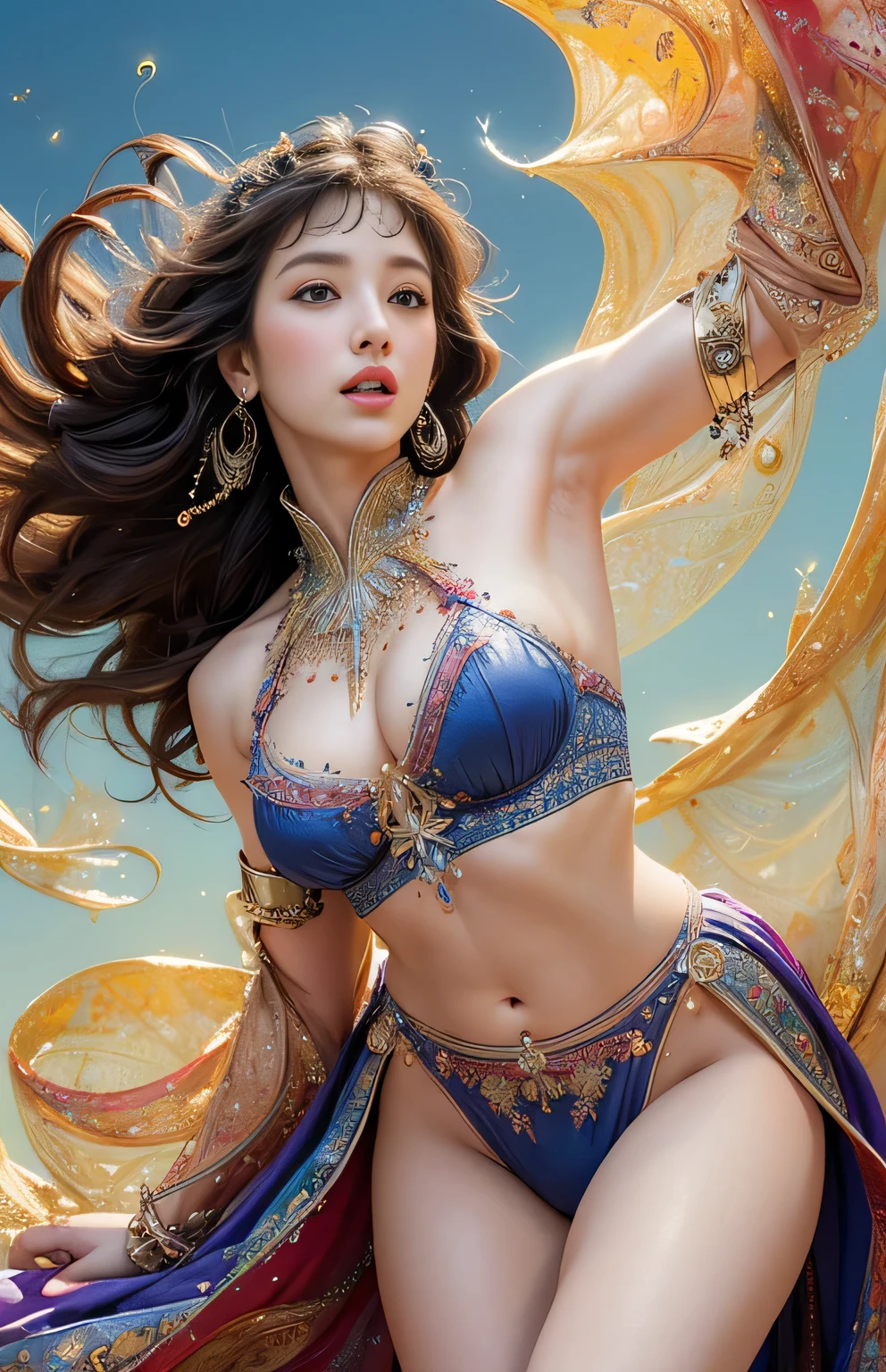 (masterpiece, highest quality, highest quality, Official Art, beautifully、beautiful:1.2), Actual product、born、(Realistic:1.2)、Sharp focus、(One Girl), Very detailed,(Fractal Art:1.3),colorful,Most detailed、attractive、sexy、Eros、Beautiful Face、Detailed face、Perfect Proportions、big 、Tight waist、belly button、Crotch gap、Thighs、Dynamic pose、Dynamic Angle