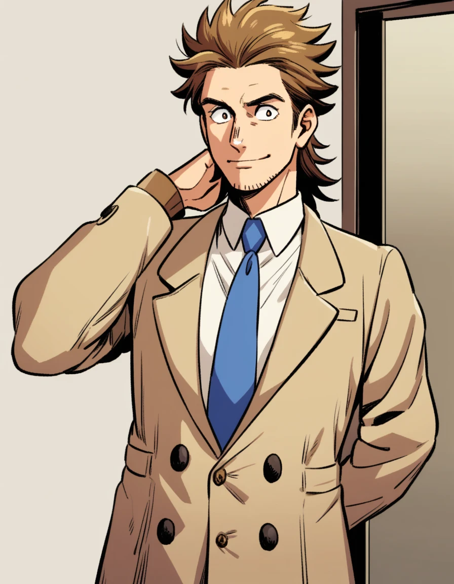 1man, goofy mature detective, ordinary, wavy slicked back spiked hair, yellow-brown hair, shihaku, light-brown eyes, short stubble, Oval-shaped, large eyes, ugly, boned nose, solo, upperlegs, white collared_shirt, blue necktie, beige trench_coat, dark worn-out suit, smile, standing, in retro eroge style, visual novel, 1970s, masterpiece, best quality