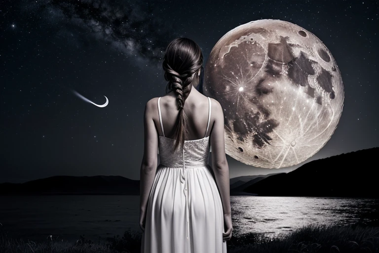 best quality, 8k, high resolution, ultra-detailed, extremely detailed, top quality, realistic, 1girl, solo, long hair, dress, standing, monochrome, braid, from behind, white dress, moon, scenery, full moon, planet