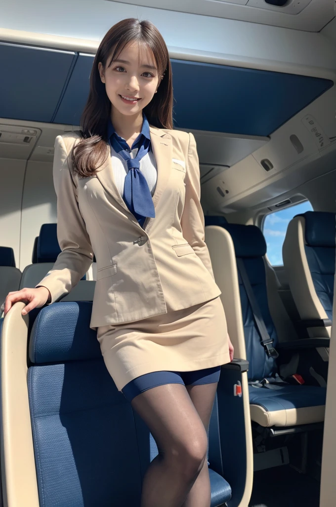 (8K, best quality, masterpiece:1.2), (realistic, photo-realistic:1.37), (high color saturation:1.0), (highly detailed skin), (highest quality:1.0), (ultra high resolution:1.0) ,(realistic:1.0), (Super detailed:1.0), (8K, Raw photo:1.1)、standing random pose, smiling, natural breast, perfect lighting, 3girls, 24years old, (mysterious), clear and detailed, ((ANA_Cabin Crew, blue flight attendant_uniform)), beige pantyhose, (aircraft, aircraft seats), cute face, looking at back viewer, visual panty line,