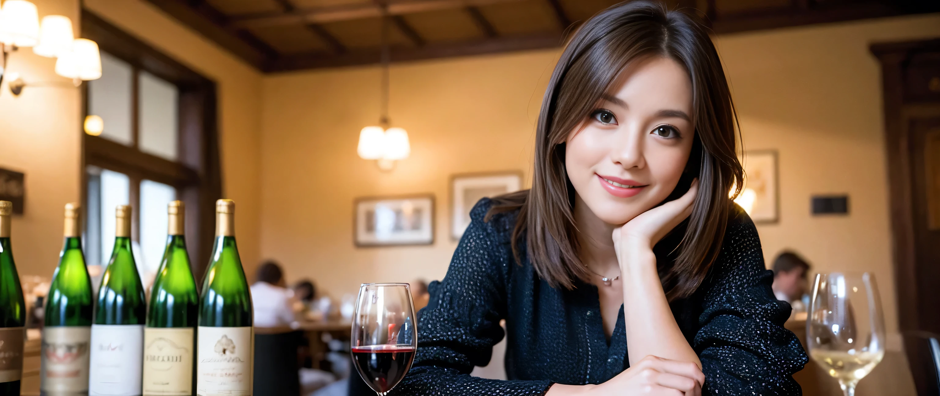 ((highest quality、8k、masterpiece:1.3))、Sharp focus:1.2、Beautiful woman perfect body:1.4、Slim body、((Bob Hale、Straight hair:1.2))、(to be born, highest quality, masterpiece:1.5), (Realistic, Intricate details:1.2), Wine glass on the table、Put the light on your face、 Amazing view of the sunset sky and clouds、Amazing mountain views、A bright smile、A lovely woman with a smile、Bright image、2. The beauty of wine, Beautiful Face, blue eyes, The light shines on your face, Blushing, short hair,Bright Face、Fox face、 (43 years old), 39 years old, Lady、red wine 、Appetizers、Italian food、Wine bottle、Champagne、sparkling wine、Two beauties、Brown Hair、Shortcuts、Long sleeve shirt、dress、Pretty Woman 1, (Slim face), (The body is slim), (Brown Hair), (Shortcuts), cheeks turn a little red,Attractive beauty、, Out of the window, A beautiful and detailed night view unfolds.........., restaurant, In a prominent place (From the waist up) Nova Frog Style, actress, model, Upper Body, White wine, slim, wine glass, A wine glass placed in the middle, smile, (smile: 1.15), Beautiful fine grain, Depth f/2,saturation, High Contrast, Strong light and shadow,Moist Body:1.5、3D texture、Delicate eyes、Brown Hair、The hair is very shiny、