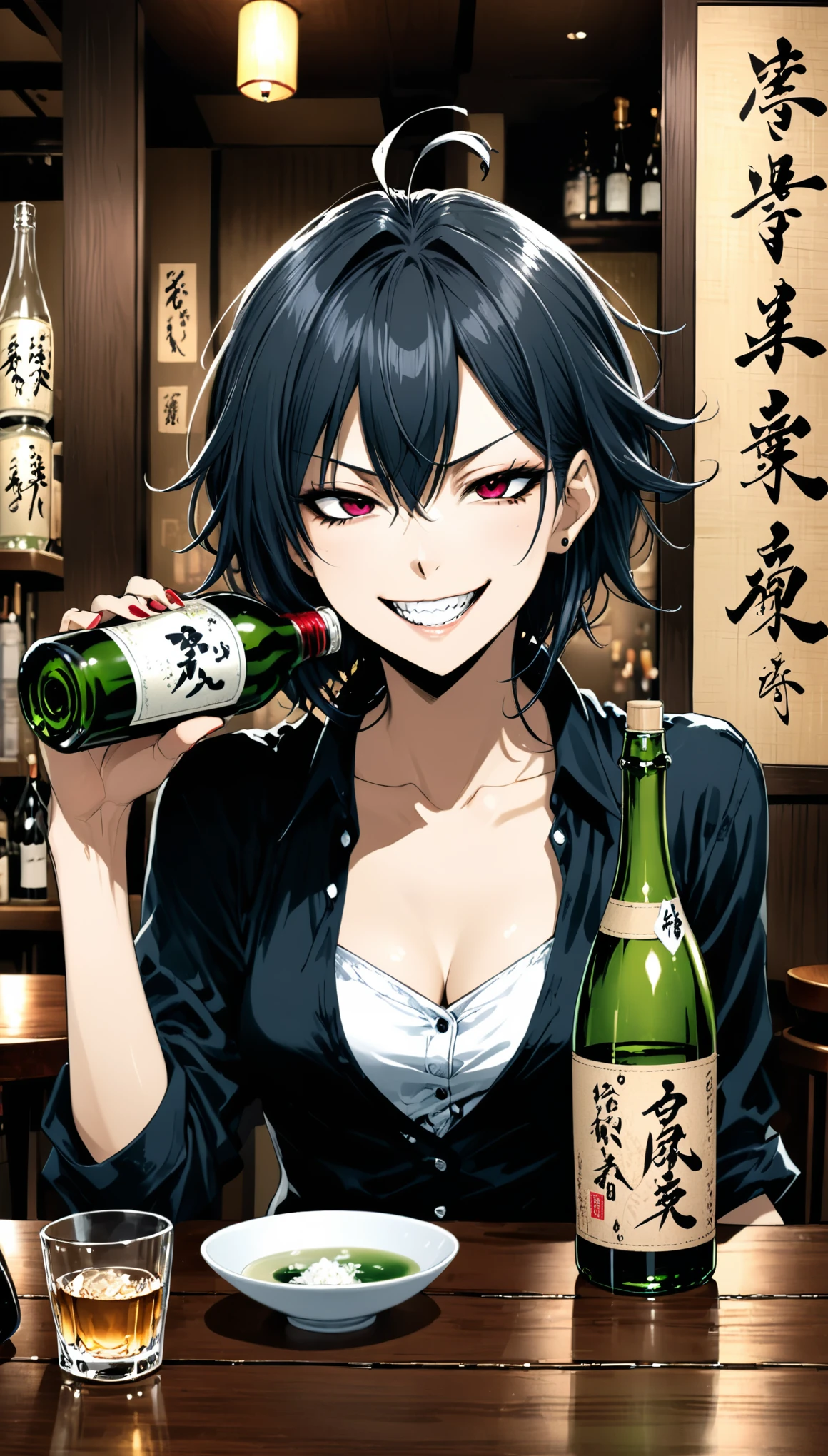 in style of Takeshi Obata,character concept design,half body,girl,Drunken expression，Sake，Bistro，(drunk:1.3),holding_bottle,sitting_on_table,evil smile,