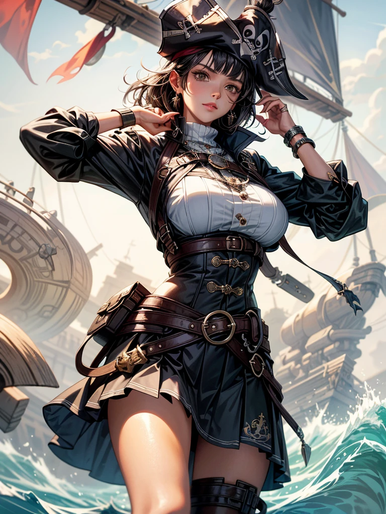 Practical pirate clothing, Long-sleeved pirate top, Skirt, boots, tearful mole, earring, Colossal tits, short medium hair, wavy hair,