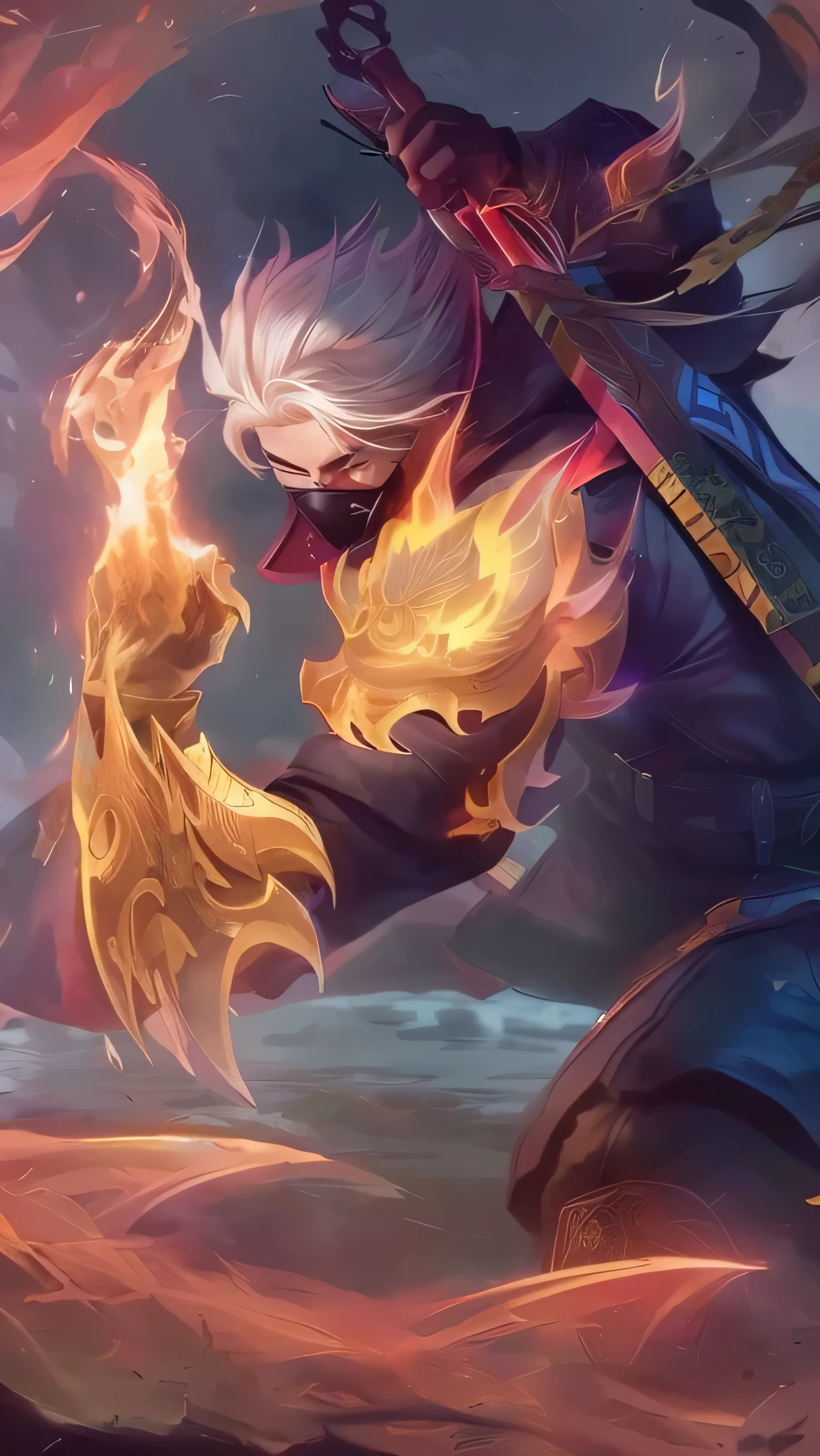 a close up of a person holding a fire in a field, heise jinyao, inspired by Huang Shen, splash art, extremely detailed artgerm, riot background, official splash art, amazing portrait of viego, iconic character splash art, by Yang J, sylas, inspired by Yang Jin, g liulian art style, character splash art