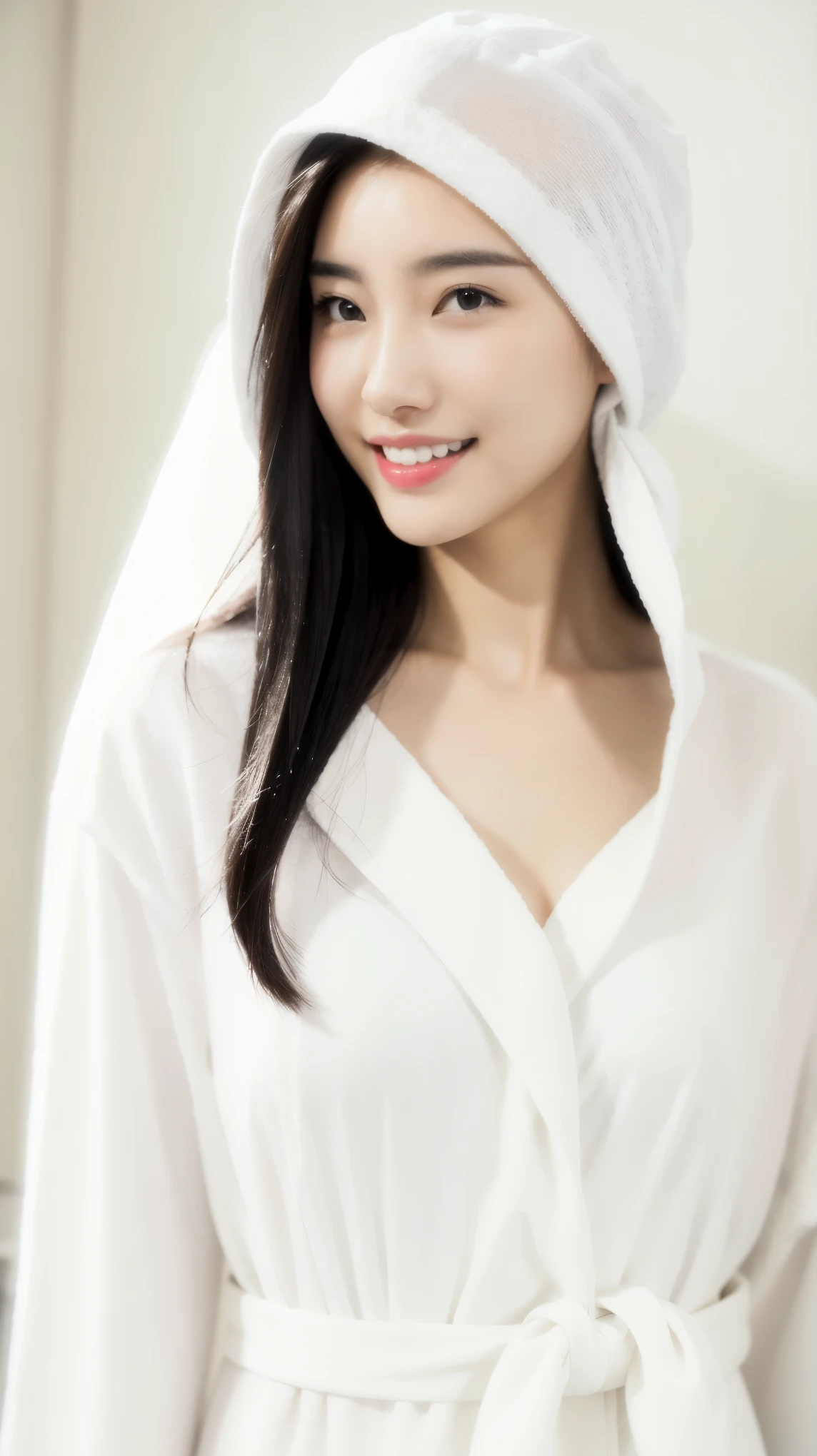 Fashion model 20 years old [[[[close up]]]], [[[[neck]]]], [[[[Shoulder]]]], Perfect eyes, Perfect iris，Perfect lips，Perfect Teeth，Perfect skin，White skin，Soft headlights，High-density imaging，（The face is clear and delicate），((White bathrobe))，((Smile))，((White shower cap))，((Just finished taking a shower))，((Background is indoor))，best quality，masterpiece，（Soft colors：1.2）
