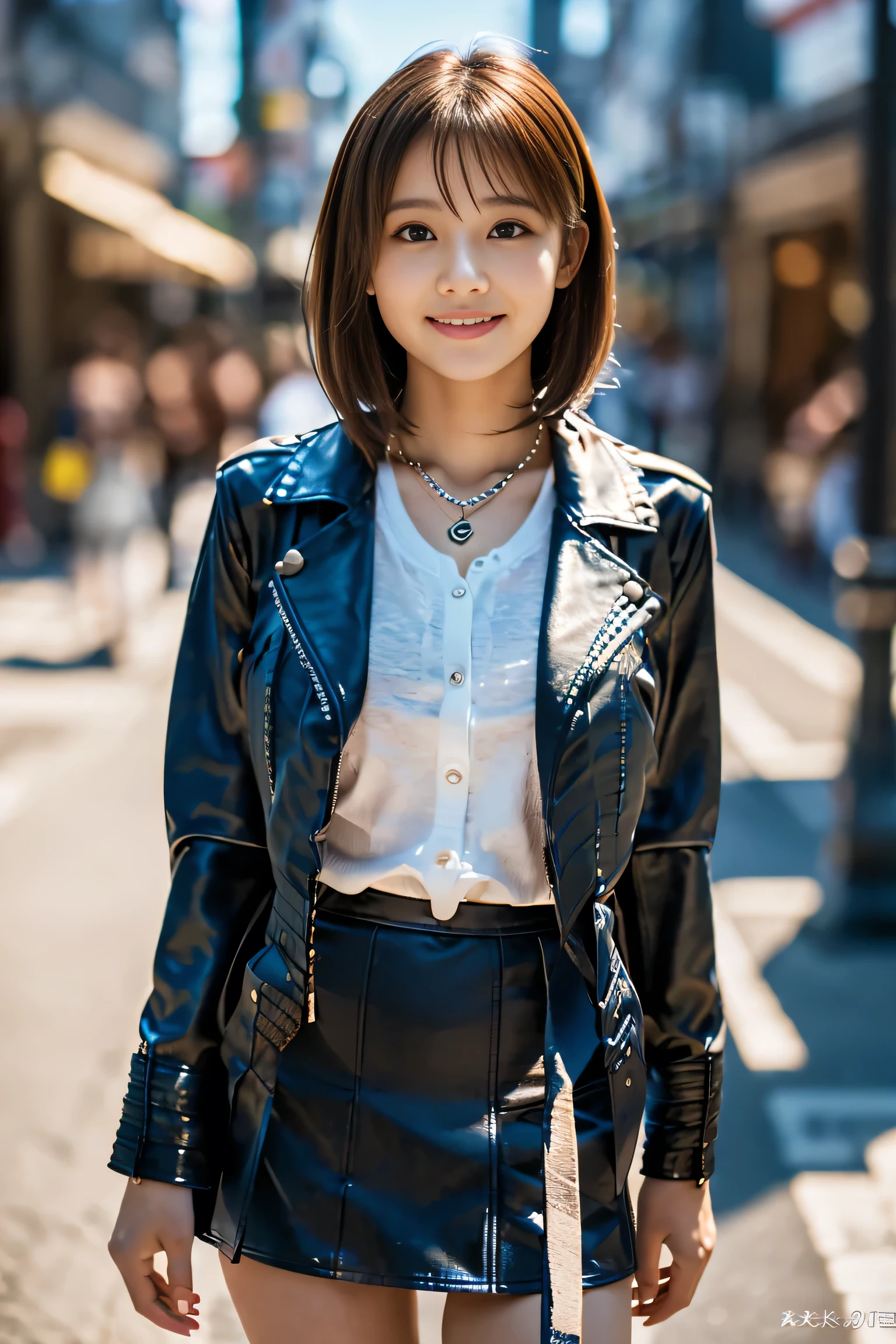 (Full body shot from head to toe:1.5),(18-year-old female),((Leather mini tight skirt:1.5)), (The best quality at its best:1.4), (Super detailed), (Very detailed CG unified 16k), Beautiful woman with perfect figure: 1.4, Sharp focus: 1.2, Very detailed, High-quality RAW color photos, Professional photography, Great face and eyes, Beautiful eyelashes、(Amazingly beautiful girl),((Leather jacket:1.5)), Are standing, Sexy posture,(Asakusa、tourist spot:1.3), (View from below), Realistic movie faces, Realistic, ((Natural light brown hair color, Realistic blue eyes)),( Short Bob Hair:1.5), (necklace:1.5)、Very beautiful face, Perfect model beauty, Mouth swelling, Highly detailed face and skin texture, double eyelid, Medium chest, smile, (masterpiece), highest quality, High resolution, Very detailed, Blurred Background, Cinema Lighting, Great legs, Clear, well-maintained skin,
