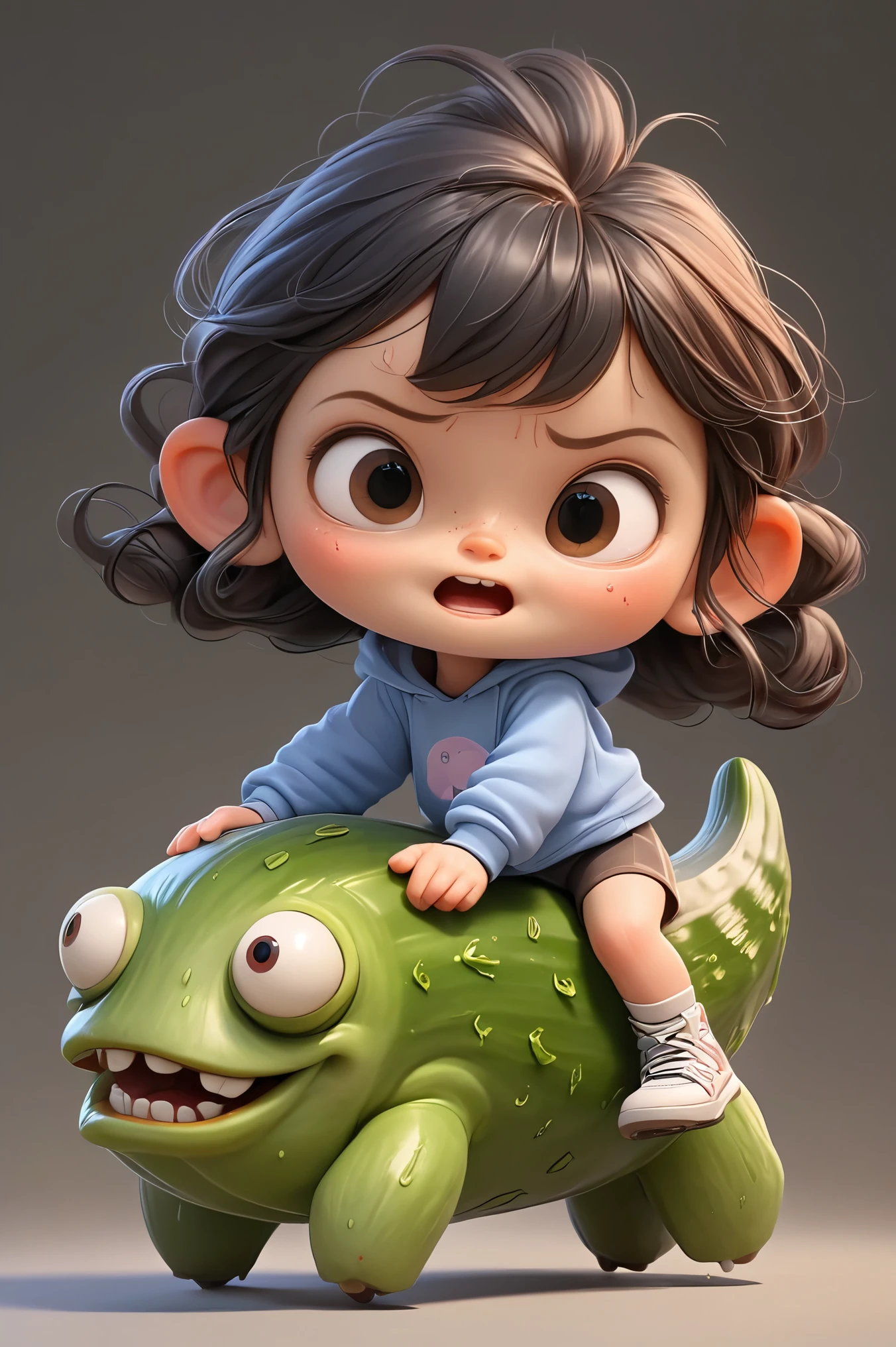 Cute monster riding a cucumber, 3d Features, game (cartoon:0.2) Features, Casual wear,  3D Rendering, Popular on artstation, concept, small, 1 person, (whole body:1.4), wide angle, 50 mm, Skinny,scar, Blood stains on clothes,night, Thin, Hero Pose, Deciduous, (freckle:0.741), Dirty clothes, thorns,Goosebumps, Gentle face, A faint smile, Cool People, whole body black hairs, Subsurface scattering, Arnold Rendering, xgen, Popular on artstation, masterpiece, Wheels within wheels, black background, Edge lighting