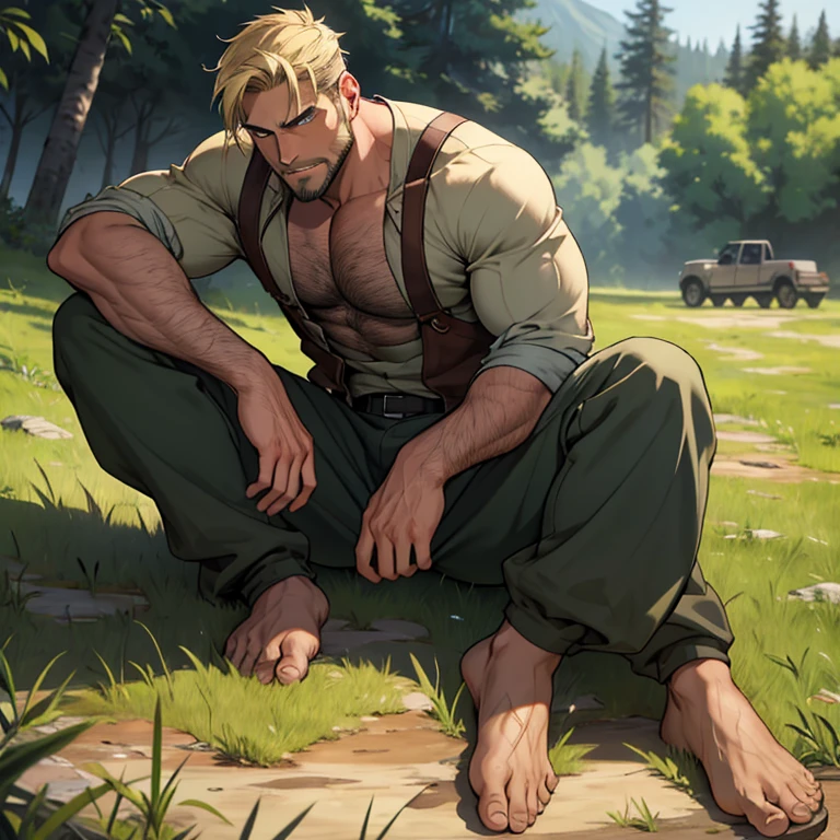 Erwin Smith, with his bare feet touching the cool earth and leaving small imprints, let out a contented tick as he sat comfortably on the lush grass. Suddenly, a sudden burp escaped his lips, followed by a loud belch that echoed through the quiet place. Despite the unrefined display, there was a warm and welcoming charm about him. His clothes were simple and worn out, revealing his muscular, beefy build, adding to his rustic appeal. With his stubble-covered jaw, thick eyebrows that met in the middle, and matured male features, Erwin exuded a masculine presence that was impossible to ignore. His beard, meticulously designed, was thick and full,