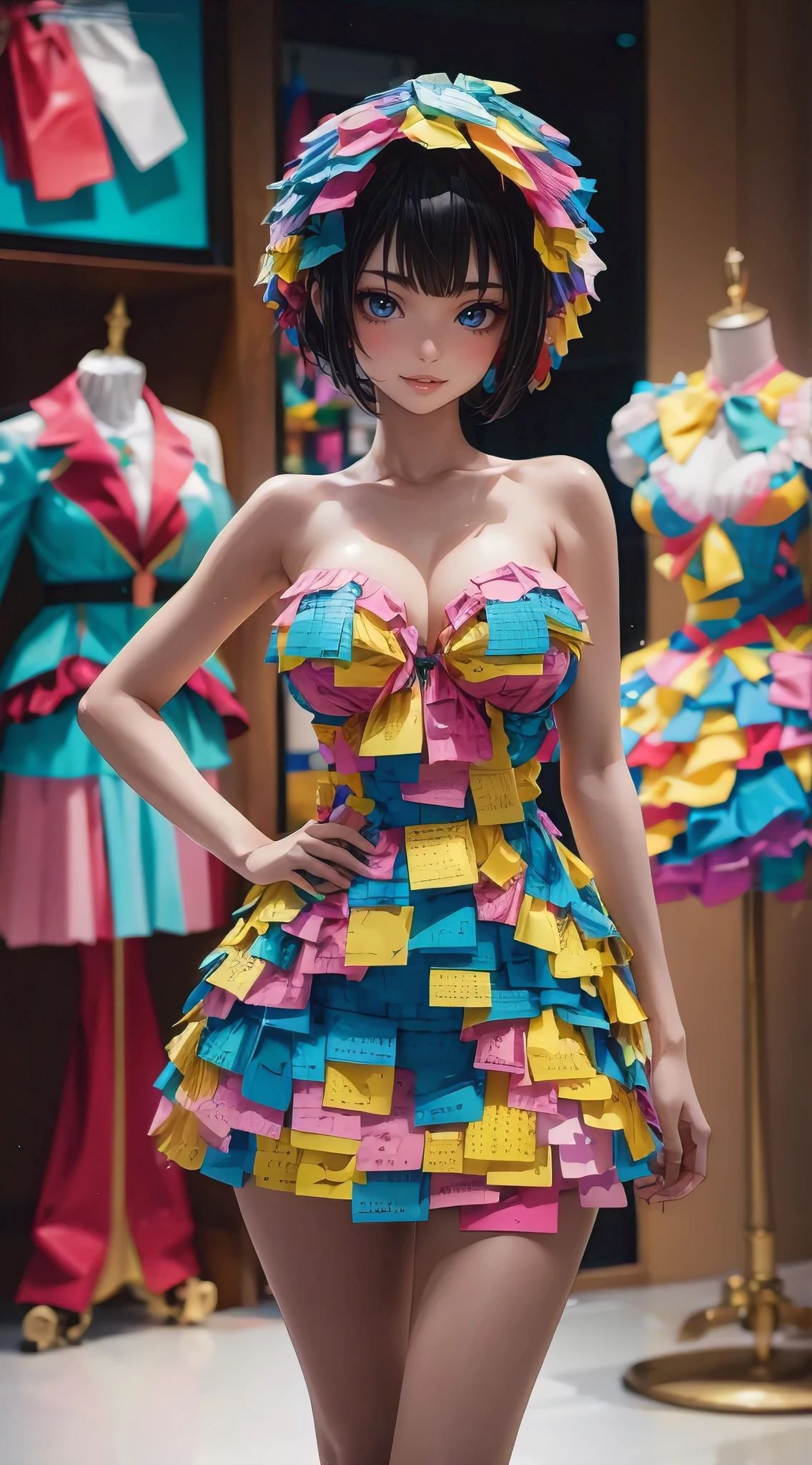 A striking 3D render of an anime-style model, showcasing a perfect slim fit body and busty figure. She is adorned in an avant-garde, artistic minidress made entirely of colorful post-it notes, which highlights the intricacy and attention to detail. The clothing boutique in the background displays additional unique designs, blending seamlessly with the model's outfit. The overall composition is a captivating, photorealistic masterpiece that pushes the boundaries of fashion and creativity., anime, 3d render
