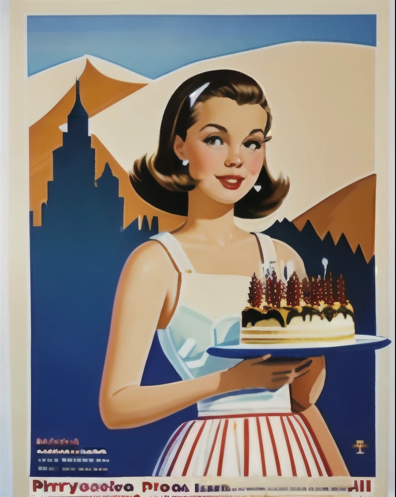 best quality,masterpiece,Very detailed,Super detailed,White background,1 Girl,Long floral dress, Holding a big cake，Cake with candles，50s America, 
 poster, Clear lines, primary color,