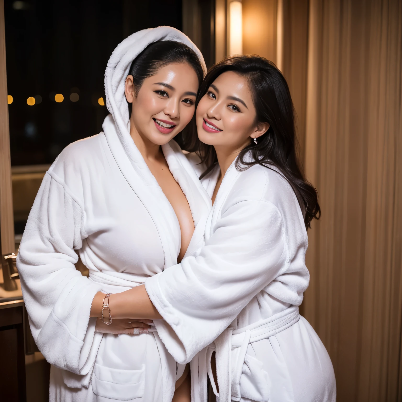 ((2woman)), ((36 years Old)), ((Sugar Mama)), ((Sensual Lips)), (White Skin), ((beautiful Indonesian woman)), (Massive Gigantic Colossal : 1.2), ((Captivating Smile)), ((Bathrobe)), curvy body, (Breast about To burst out from her clothes), ((standing)),at Love Hotel, Dark light, at Nighttime, Lustful French Kissing, Sharing Passionate Hug and groping breast, Lesbian couple.