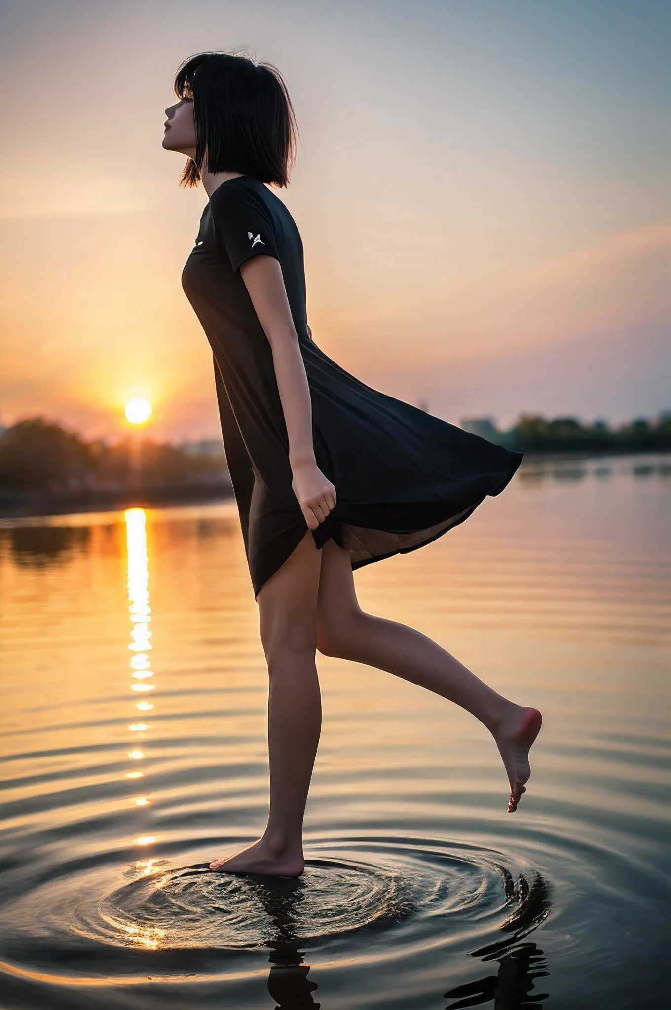 best quality, 8k, high resolution, ultra-detailed, extremely detailed, top quality, realistic, 1girl, solo, short hair, black hair, dress, standing, short sleeves, outdoors, sky, barefoot, water, profile, shadow, standing on one leg, sunset,