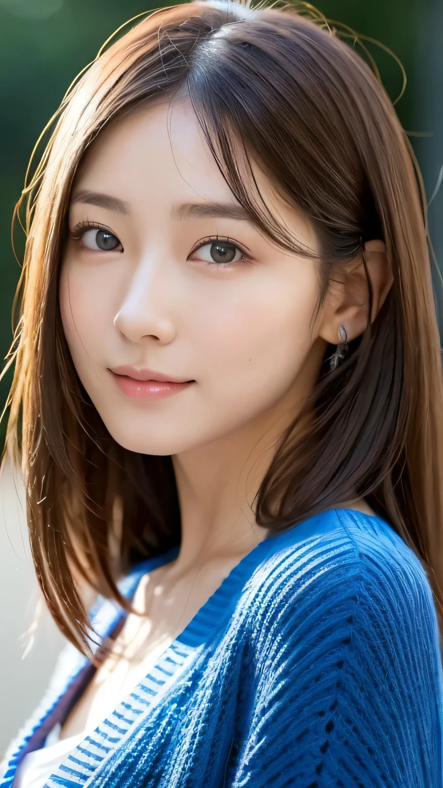 8k, highest quality, masterpiece, Realistic, Photorealistic, Ultra-detailed, Natural light, Highly detailed face and skin, Detailed eyes, Highly detailed face and skinの中間ショット, Beautiful woman staring at camera, Sexy pose, Tabletop, Beautiful Face, Realistic Face, Detailed face, Beautiful hairstyle, Realistic eyes, Fine grain, Realistic Skin, Detailed skin, Beautiful Skin, Charm, Ultra-realistic, ((Sexy blue cardigan, kind, Brown Hair, Cute Japanese Girl, whole body,Dimples,))
