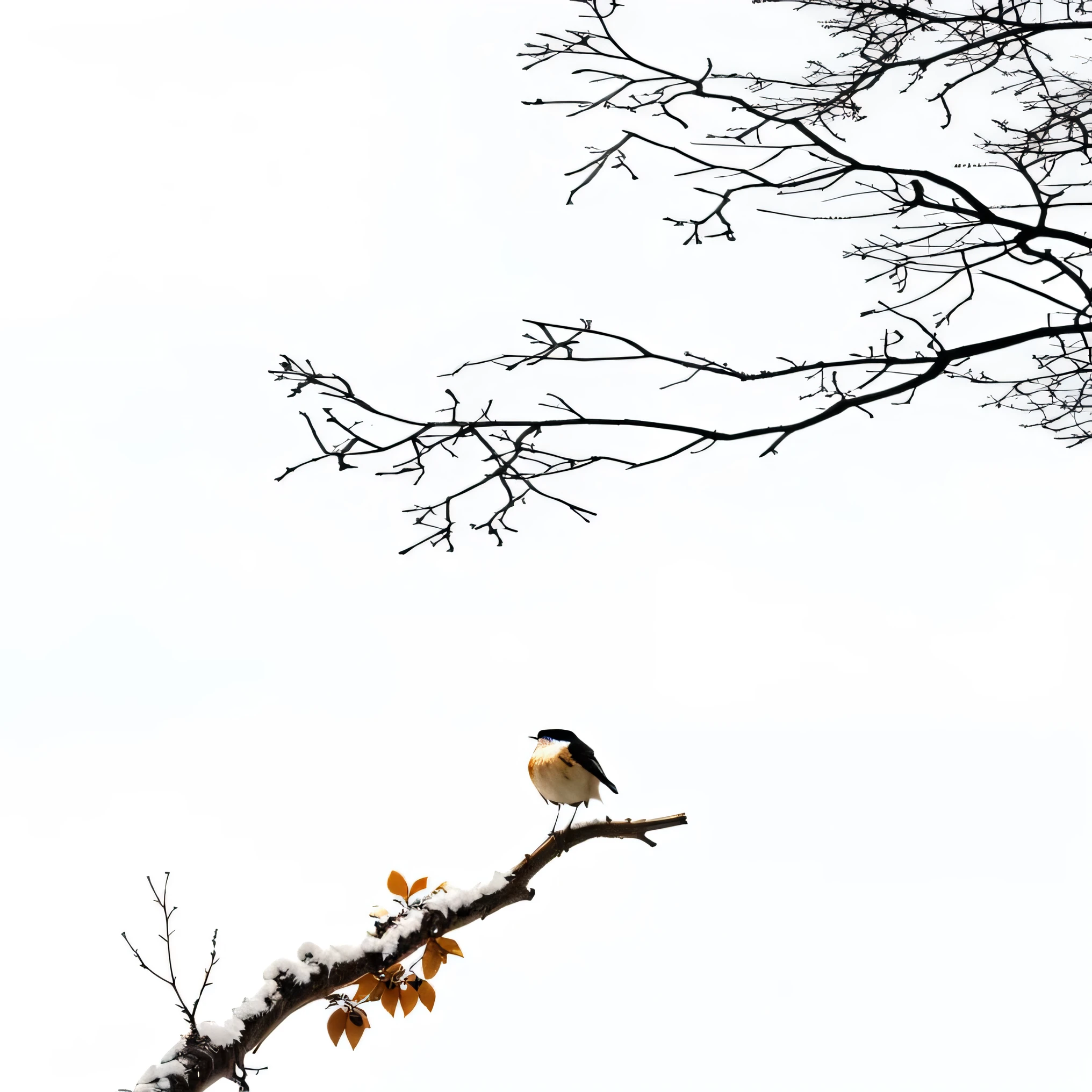 There is a bird sitting on a branch, Isolated White Background, 