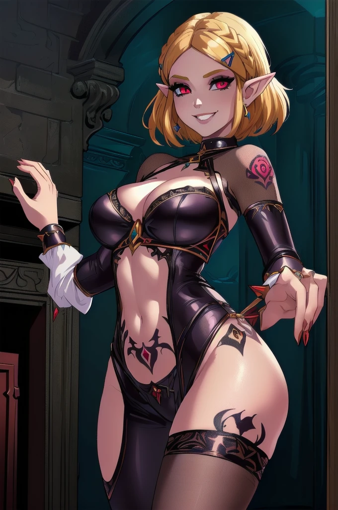 (perfect composition),(zelda totk reimagined as a corrupted dark queen by ganon  )+++, sfw++,masterpiece, best quality, high quality, illustration, film grain,(perfect female )++, beautiful detailed eyes,  (symbol of evil:1.2),milf zelda,  woman, (evil smile:1.1), (villain, dark heroine:1.2), (perfect female proportions:1.1), (seductive eyes:1.2), eyeliner, mascara,  makeup, (seductive smile:1.2), (mature woman:1.4),masterpiece, best quality, high quality, illustration, film grain, 1girl, (glowing evil red eyes), evil grin, crazy eyes, (high resolution, masterpiece, ultra best quality, insanely amazing hyper fine extremely detailed, official:1.4) dark heroine anime girl with short hair in a dark and evil place, extremely detailed artgerm, (official:1.4), dynamic composition, (solo girl:1.4), {sfw}, masterpiece, ultra-detailed, iconic attack, dominatrix, spiked collar, dark kingdom, bad end, 1girl, solo female, solo focus, mature female, standing, full body, looking at viewer, dark zelda totk, dark queen, evil, corruption, contrapposto, mind break, blond hair, (short hair:1,5), evil smile, lips, eyelashes, evil grin, dark aura, thigh_clothes, ,alternate costume, , (intricate details:1.12), (intricate details, hyperdetailed:1.15), hdr, dungeon, (at night:1.2), fireplace, warm light, dramatic light, cinematic,creepy dungeon, dark aesthetic, goth aesthetic, creepy, ominous background, dark atmosphere, death atmosphere, green and red atmosphere, evil dungeon background, gothique, faint darkness, ((red glow  tattoo)), 
