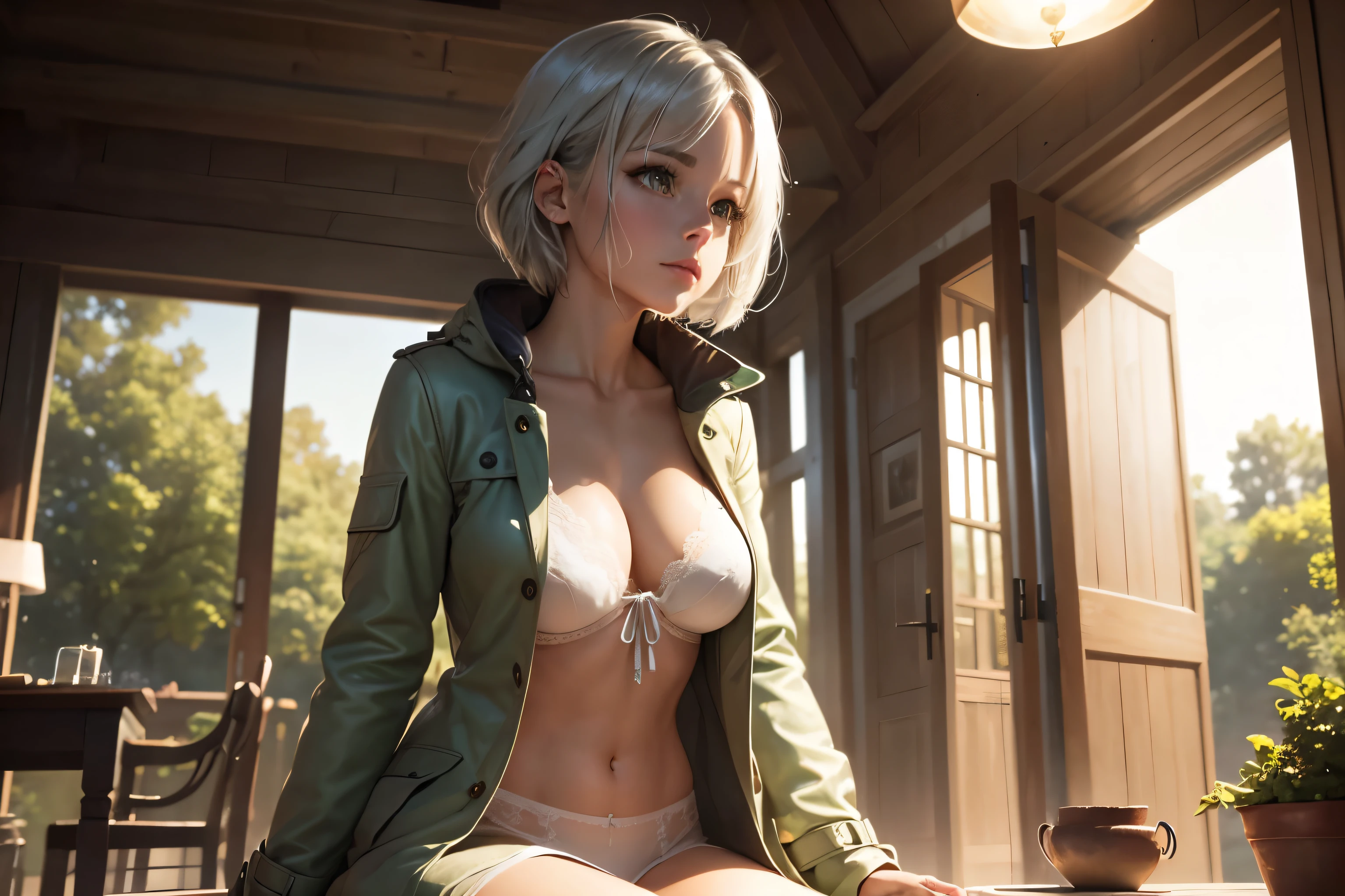 masterpiece, highest quality,Very detailed,Hyper Details, cinematic Light,, One underwear girl, alone, sit, Outdoor, Summer House, sitting in the Summer House, plant, table, chandelier, Candles, Wind, Green Eyes, Pan Green Silver Hair, short hair, Floating Hair, Light, Light frown, profile,View your viewers, dynamic_angle,The see-through happi coat is unbuttoned,nude,On the bed