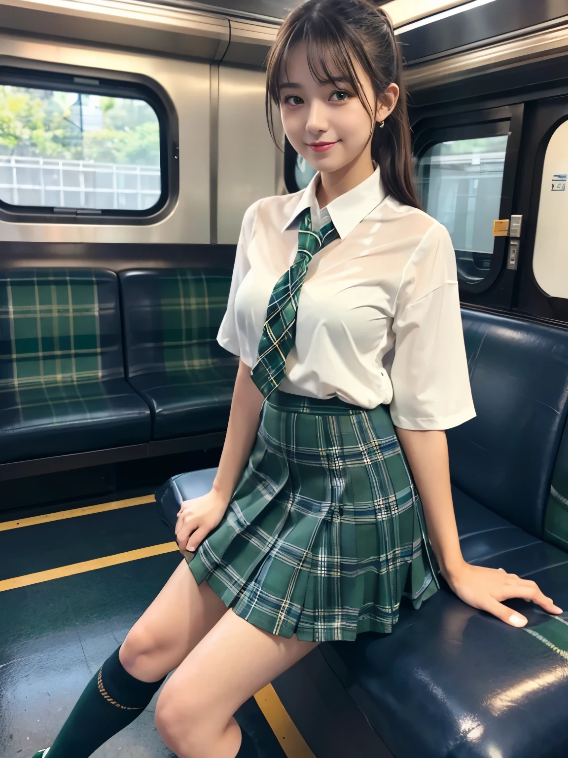 Sexy and cute look and cute -yeld beiful girl, masterpiece、highest quality、High resolution、Realistic、Bright lighting、Professional Lighting、Face Light、Smooth lighting、Cute school giformed girl、美しい and sexy face、(White blouse、See-through blouse)、(Dark green casual tie)、(((Dark blue and dark green tartan check skirt)))、(((Dark blue short socks)))、Brown leather shoes、Brown Loafers、Brown moderate hair、so beautiful、Beautiful Skin、Beautiful and detailed、Detailed face、Brown eyes、Beautiful legs、Standing on the train、smile、Full Body Shot、E cup breasts、Beautiful thighs、Clean calves、looking at viewer、Ponytail、