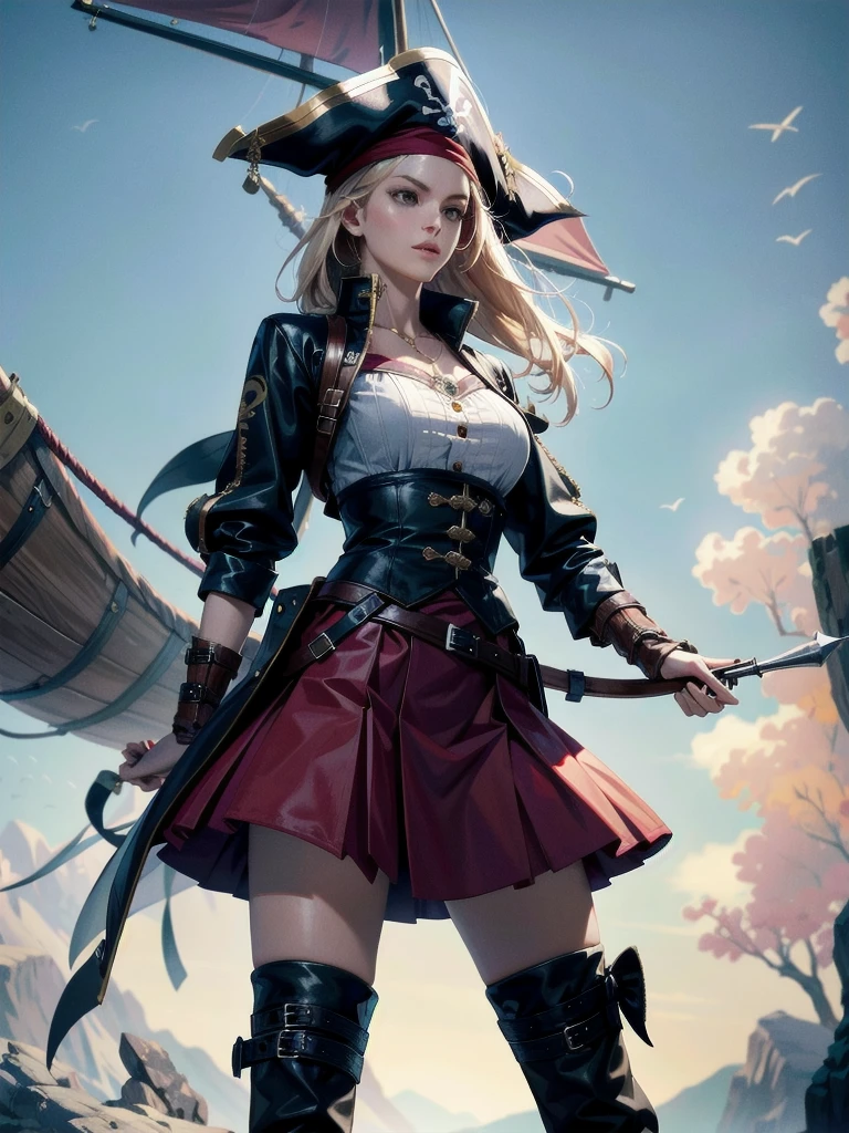 Practical pirate clothing, Long-sleeved pirate top, Skirt, boots, absurdres, RAW photo, extremely delicate and beautiful, masterpiece, Best Quality, ultra high resolution, 32k, hyperrealistic, ultra-detailed,