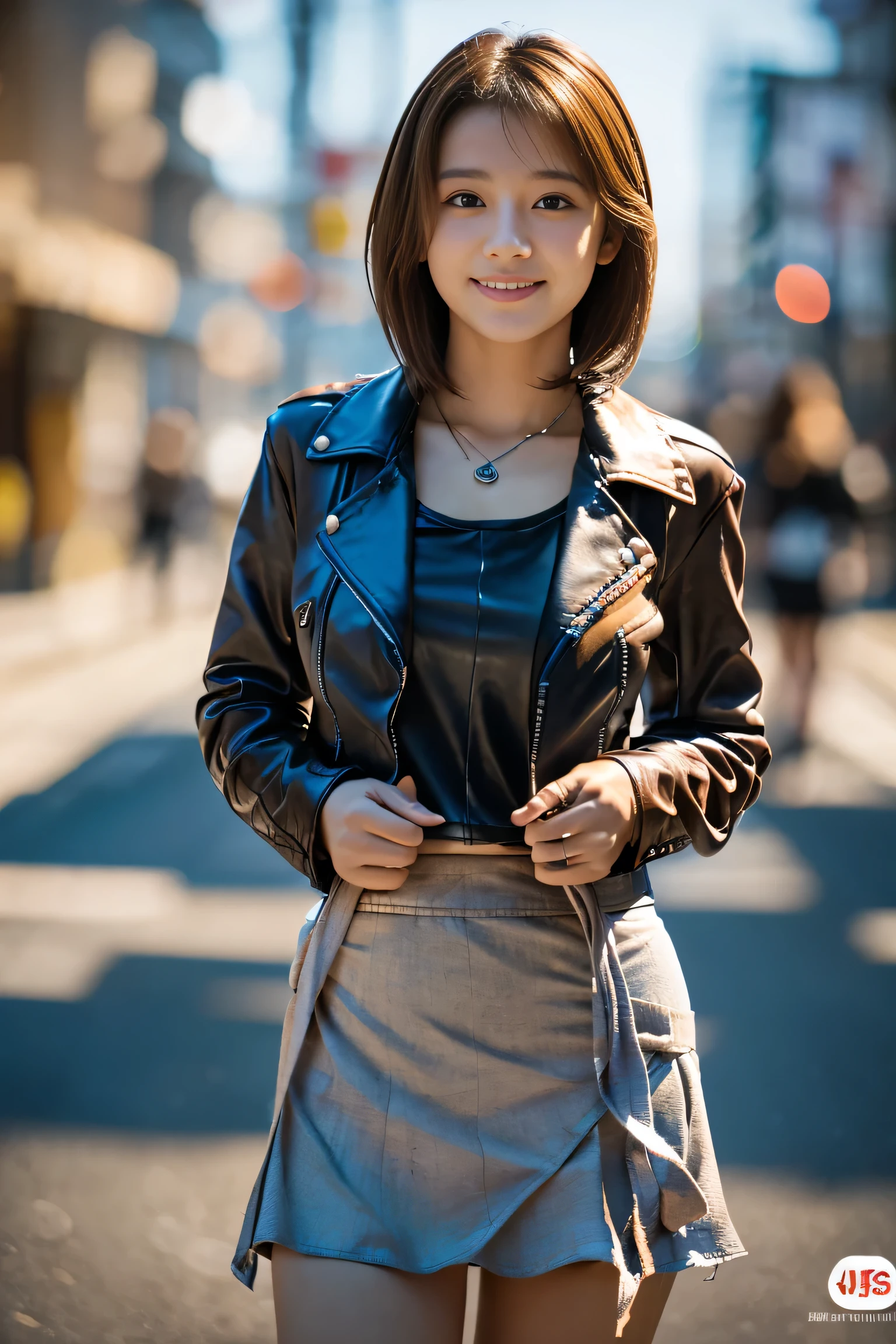 (Full body shot from head to toe:1.5),(18-year-old female),((Mini tight skirt:1.5)), (The best quality at its best:1.4), (Super detailed), (Very detailed CG unified 16k), Beautiful woman with perfect figure: 1.4, Sharp focus: 1.2, Very detailed, High-quality RAW color photos, Professional photography, Great face and eyes, Beautiful eyelashes、(Amazingly beautiful girl),((Leather jacket:1.5)), Are standing, Sexy posture，(Asakusa、tourist spot:1.3), (View from below), Realistic movie faces, Realistic, ((Natural light brown hair color, Realistic blue eyes)),( Short Bob Hair:1.5), (necklace:1.5)、Very beautiful face, Perfect model beauty, Mouth swelling, Highly detailed face and skin texture, double eyelid, Medium chest, smile, (masterpiece), highest quality, High resolution, Very detailed, Blurred Background, Cinema Lighting, Great legs, Clear, well-maintained skin,
